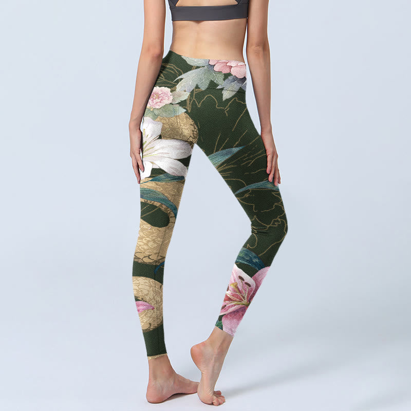 Buddha Stones Green Golden Snake Lily Peony Flowers Print Gym Leggings Women's Yoga Pants - image 4