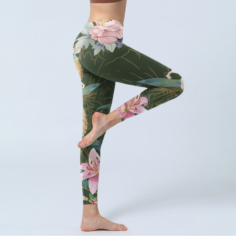 Buddha Stones Green Golden Snake Lily Peony Flowers Print Gym Leggings Women's Yoga Pants - image 3