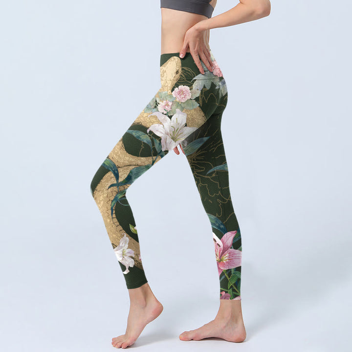Buddha Stones Green Golden Snake Lily Peony Flowers Print Gym Leggings Women's Yoga Pants - image 2