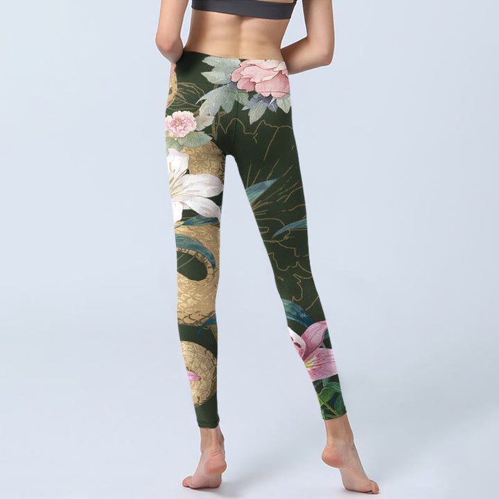 Buddha Stones Green Golden Snake Lily Peony Flowers Print Gym Leggings Women's Yoga Pants - image 6
