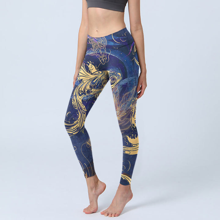 Buddha Stones Blue Koi Fish Auspicious Clouds Print Gym Leggings Women's Yoga Pants - MediumBlue - US18，UK/AU22，EU50 (4XL) - image 0