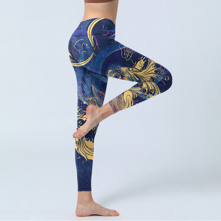 Buddha Stones Blue Koi Fish Auspicious Clouds Print Gym Leggings Women's Yoga Pants - image 3