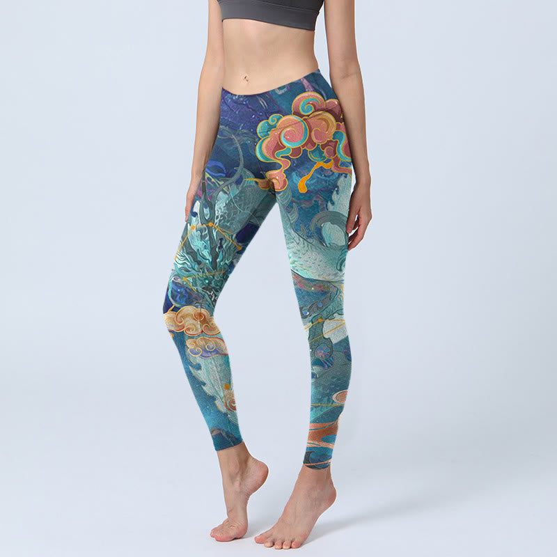 Buddha Stones Blue Dragon Auspicious Clouds Print Gym Leggings Women's Yoga Pants - SteelBlue - US18，UK/AU22，EU50 (4XL) - image 0