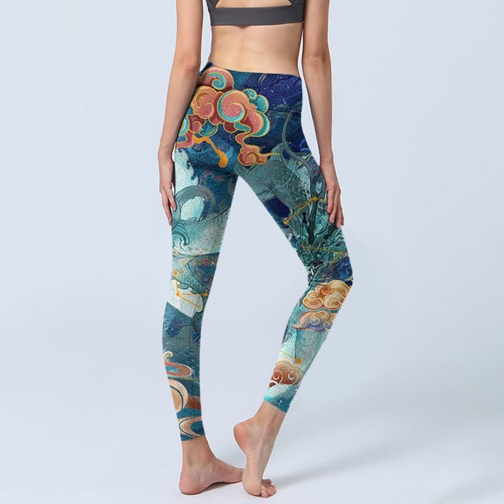 Buddha Stones Blue Dragon Auspicious Clouds Print Gym Leggings Women's Yoga Pants - image 4