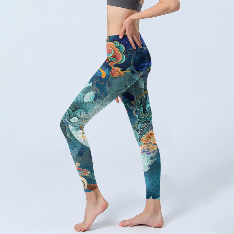 Buddha Stones Blue Dragon Auspicious Clouds Print Gym Leggings Women's Yoga Pants - image 2