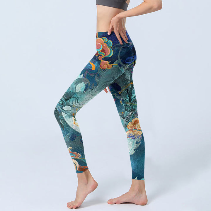 Buddha Stones Blue Dragon Auspicious Clouds Print Gym Leggings Women's Yoga Pants - image 2