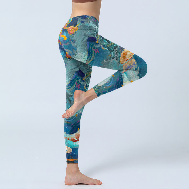Buddha Stones Blue Dragon Auspicious Clouds Print Gym Leggings Women's Yoga Pants - image 3