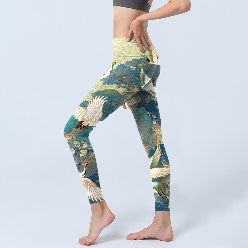 Buddha Stones Blue Red-crowned Crane Pine Tree Print Gym Leggings Women's Yoga Pants - image 2