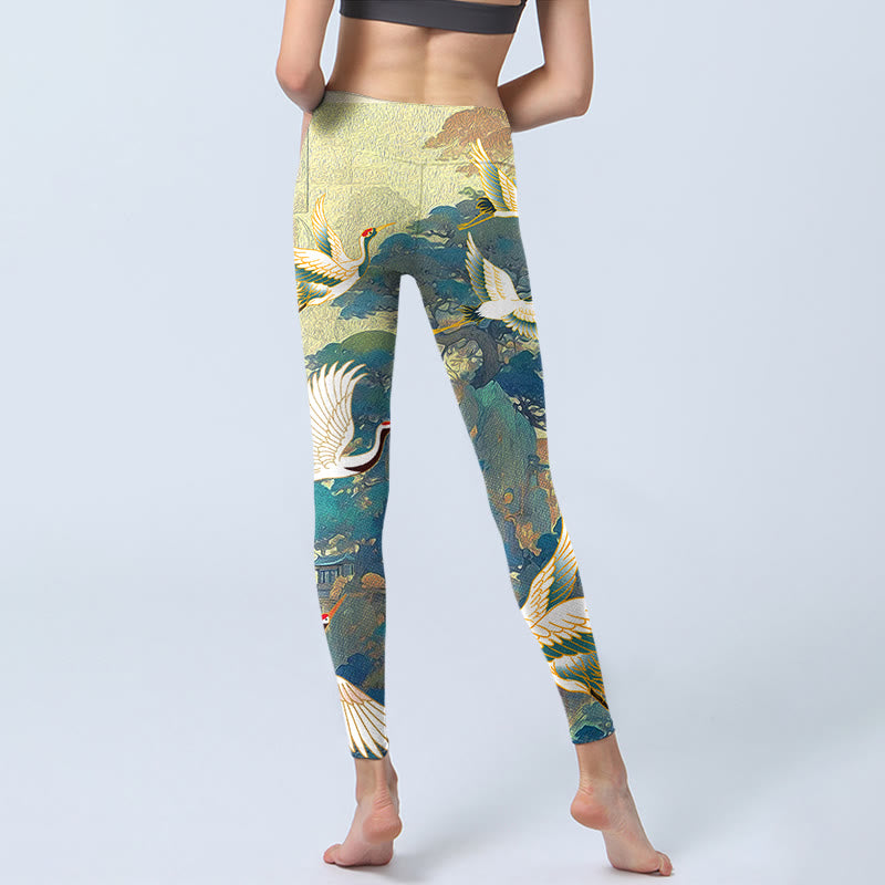 Buddha Stones Blue Red-crowned Crane Pine Tree Print Gym Leggings Women's Yoga Pants - image 6