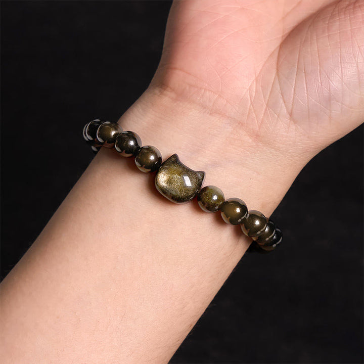 Buddha Stones Gold Sheen Obsidian Silver Sheen Obsidian Lovely Paw Lucky Cat Protection Bracelet - image 3