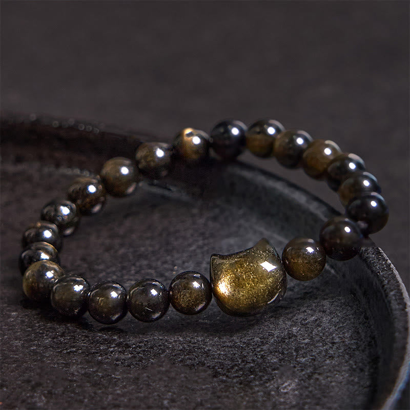 Buddha Stones Gold Sheen Obsidian Silver Sheen Obsidian Lovely Paw Lucky Cat Protection Bracelet - image 2