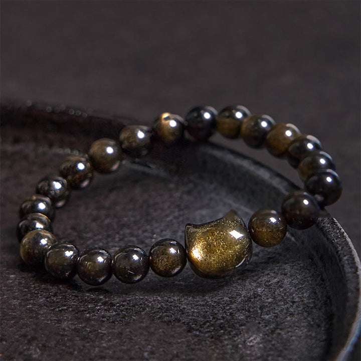 Buddha Stones Gold Sheen Obsidian Silver Sheen Obsidian Lovely Paw Lucky Cat Protection Bracelet - image 2