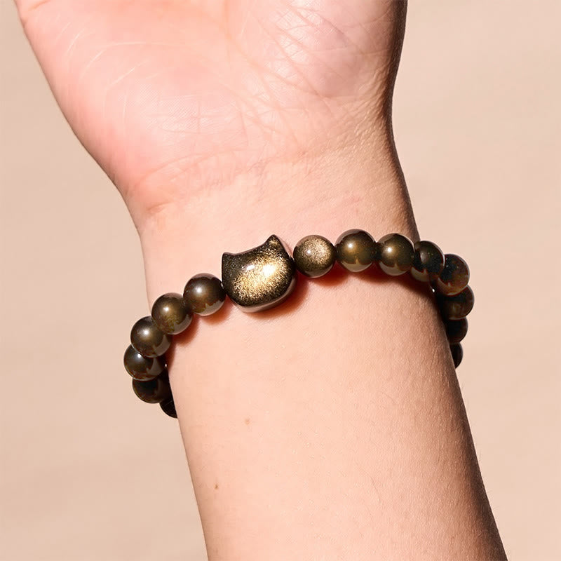 Buddha Stones Gold Sheen Obsidian Silver Sheen Obsidian Lovely Paw Lucky Cat Protection Bracelet - image 1