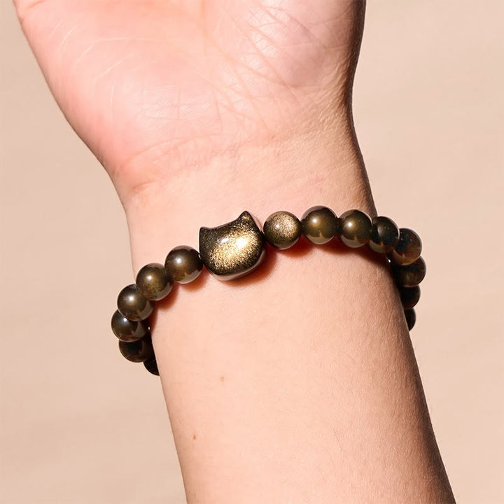 Buddha Stones Gold Sheen Obsidian Silver Sheen Obsidian Lovely Paw Lucky Cat Protection Bracelet - image 1