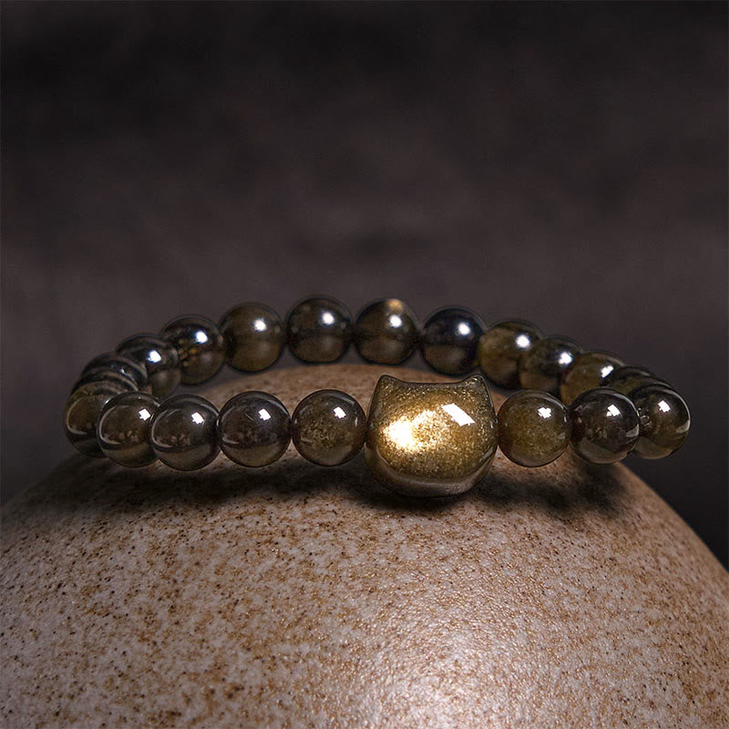 Buddha Stones Gold Sheen Obsidian Silver Sheen Obsidian Lovely Paw Lucky Cat Protection Bracelet - image 3