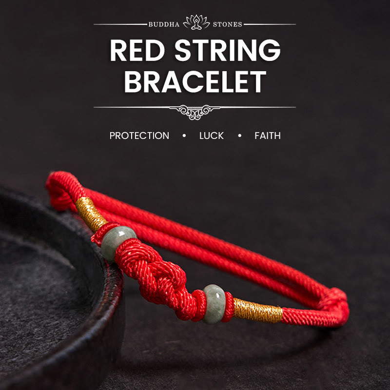 Buddha Stones Red String Jade Luck Fortune Knot Braided Couple Bracelet - Red String&Jade(Wrist Circumference 14-22cm) - image 0