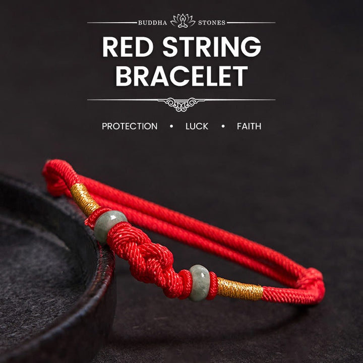 Buddha Stones Red String Jade Luck Fortune Knot Braided Couple Bracelet - Red String&Jade(Wrist Circumference 14-22cm) - image 0