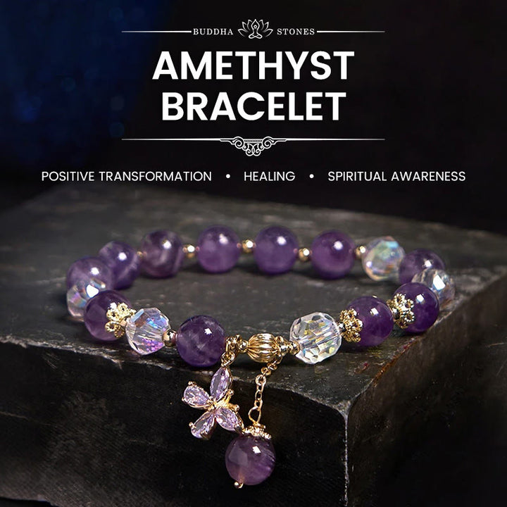 Buddha Stones Natural Amethyst Crystal Spiritual Butterfly Charm Bracelet - Amethyst (Spiritual Awareness ♥ Inner Peace) - image 0