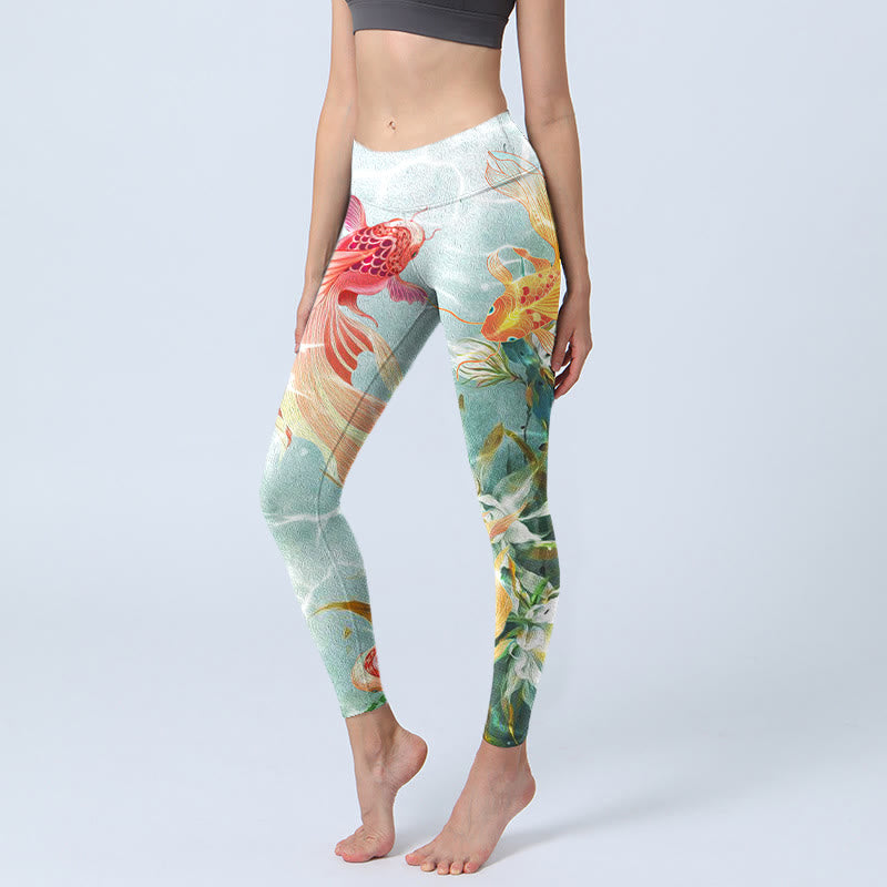 Buddha Stones Green Koi Fish White Lotus Water Ripples Print Gym Leggings Women's Yoga Pants - Honeydew - US18，UK/AU22，EU50 (4XL) - image 0