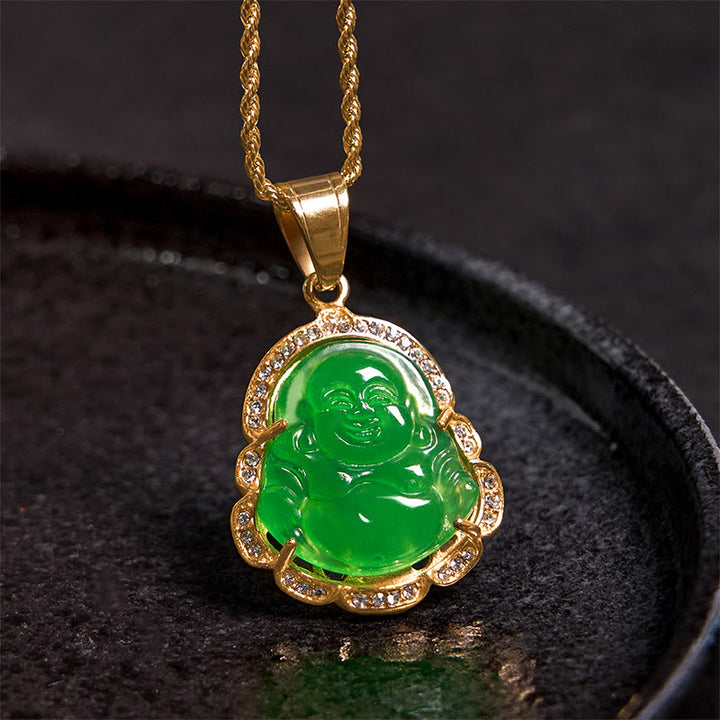 Buddha Stones 18K Gold Filled Laughing Buddha Jade Luck Necklace Chain Pendant - image 1