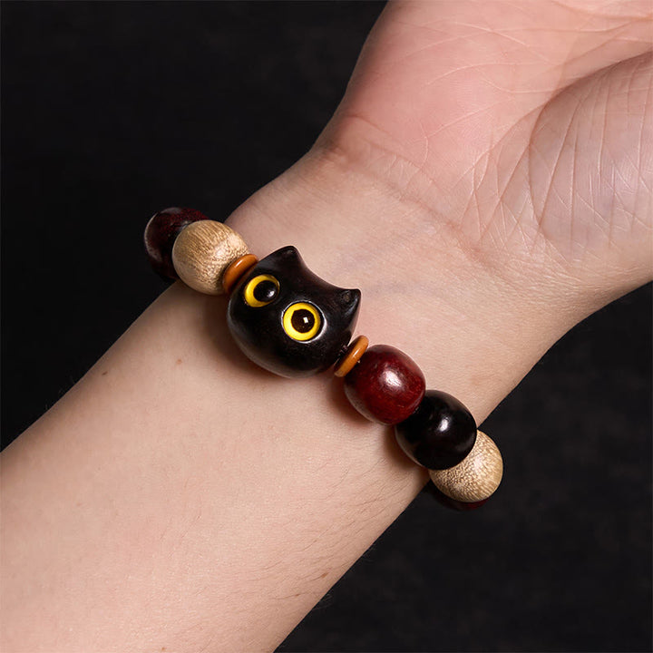 Buddha Stones Small Leaf Red Sandalwood Ebony Wood Cute Cat Engraved Protection Bracelet - image 3