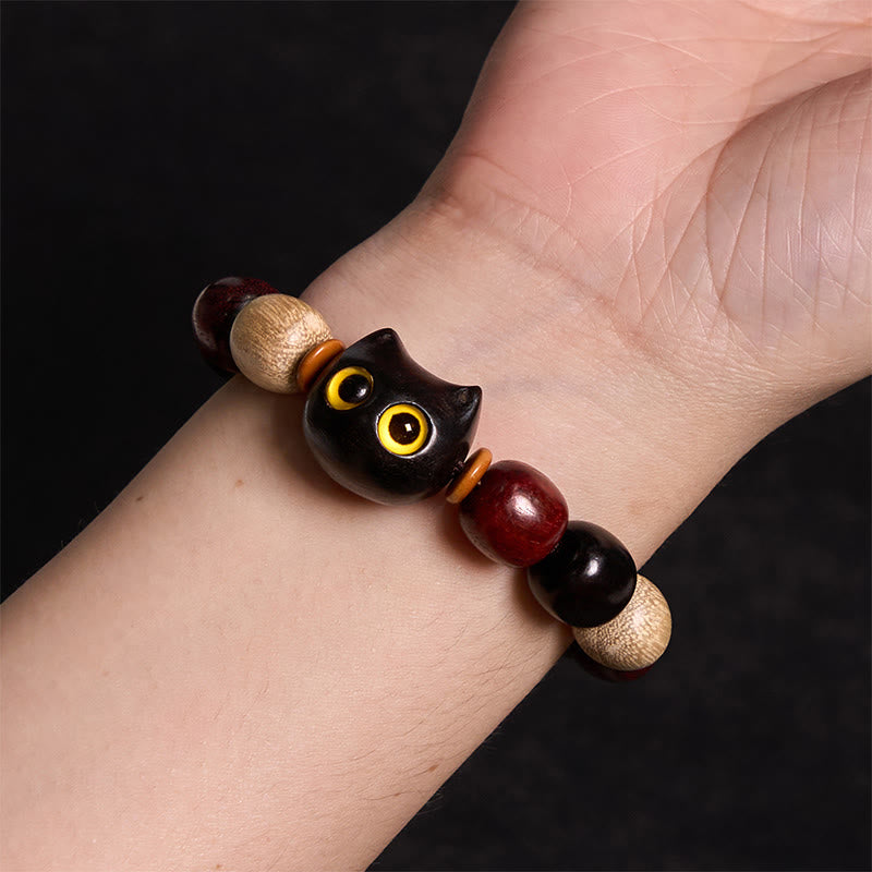Buddha Stones Small Leaf Red Sandalwood Ebony Wood Cute Cat Engraved Protection Bracelet - image 8