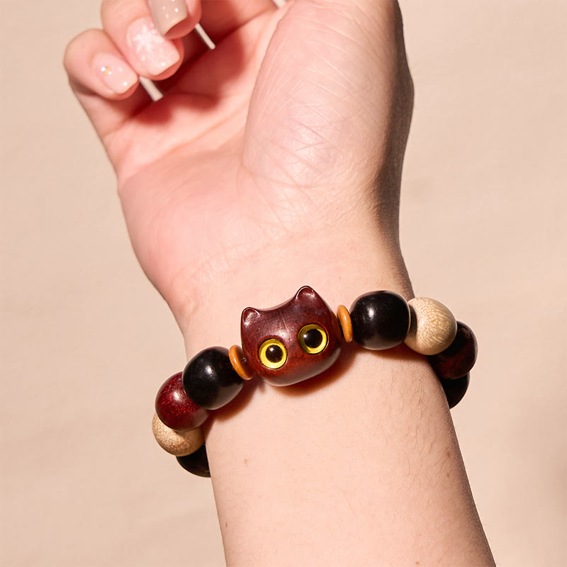 Buddha Stones Small Leaf Red Sandalwood Ebony Wood Cute Cat Engraved Protection Bracelet - image 4