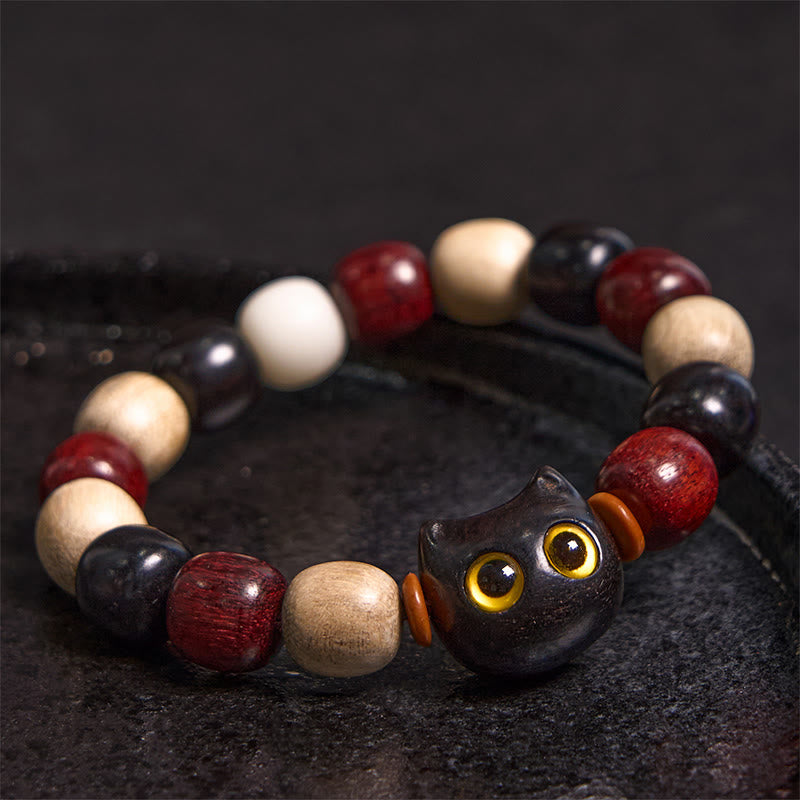 Buddha Stones Small Leaf Red Sandalwood Ebony Wood Cute Cat Engraved Protection Bracelet - image 1
