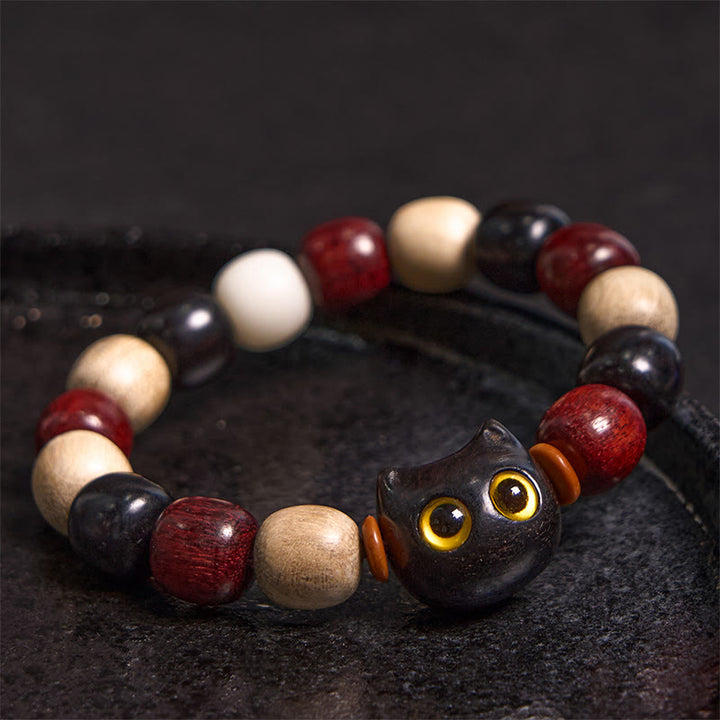 Buddha Stones Small Leaf Red Sandalwood Ebony Wood Cute Cat Engraved Protection Bracelet - image 1