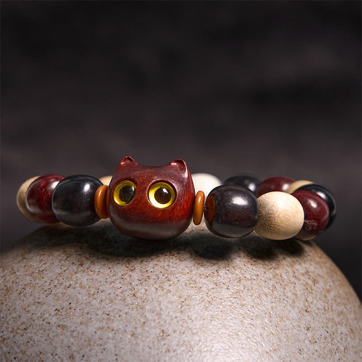 Buddha Stones Small Leaf Red Sandalwood Ebony Wood Cute Cat Engraved Protection Bracelet - image 6