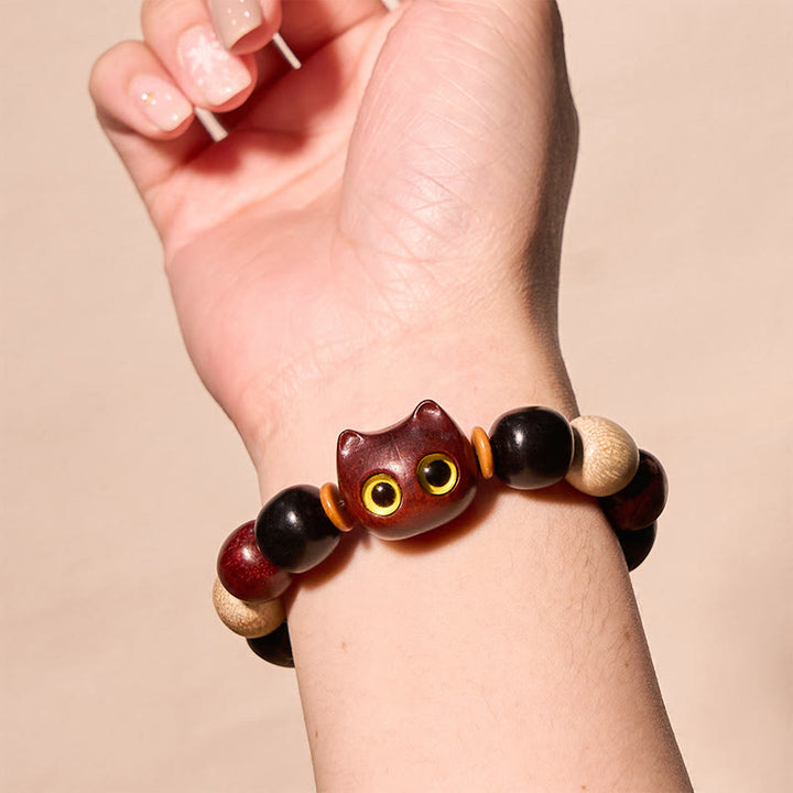 Buddha Stones Small Leaf Red Sandalwood Ebony Wood Cute Cat Engraved Protection Bracelet - image 4
