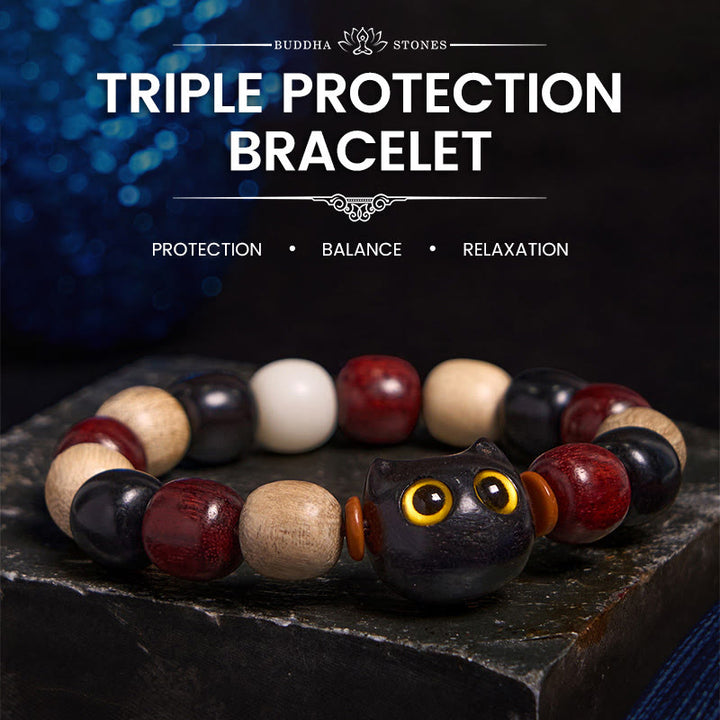 Buddha Stones Small Leaf Red Sandalwood Ebony Wood Cute Cat Engraved Protection Bracelet - Ebony Wood(Balance♥Calm) - image 0