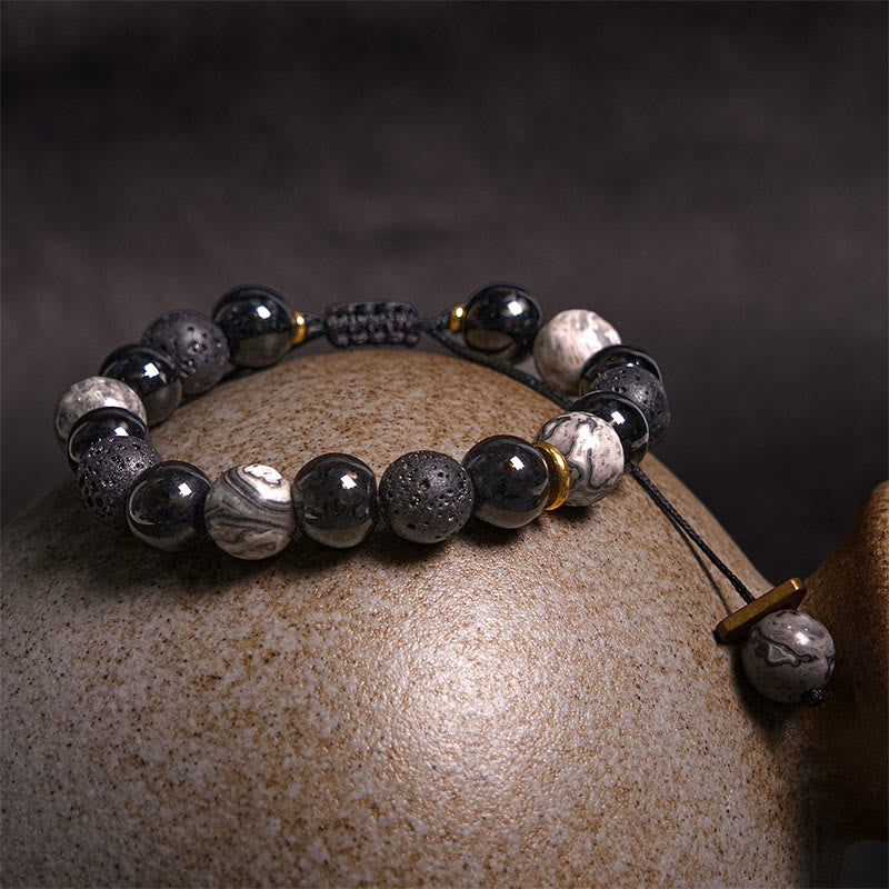 Buddha Stones Black Obsidian Lava Rock Stone Yin Yang Strength Bracelet - image 2