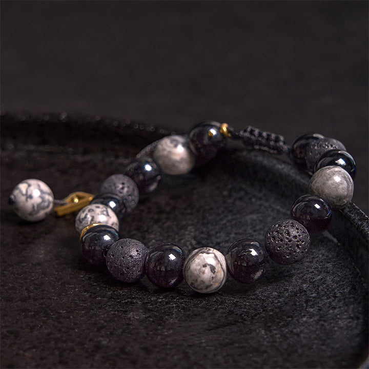 Buddha Stones Black Obsidian Lava Rock Stone Yin Yang Strength Bracelet - image 8