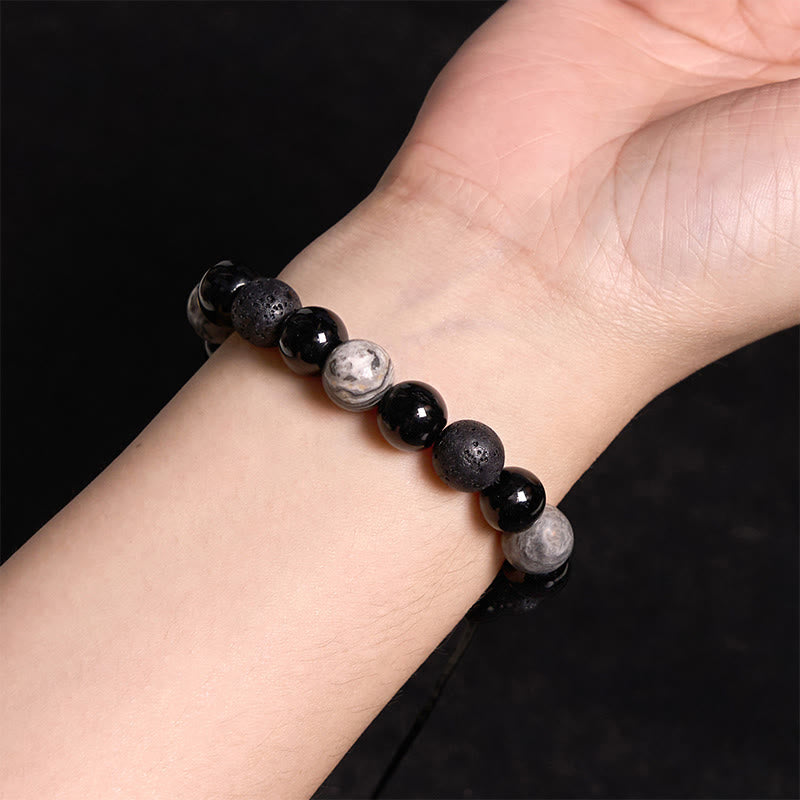Buddha Stones Black Obsidian Lava Rock Stone Yin Yang Strength Bracelet - image 3