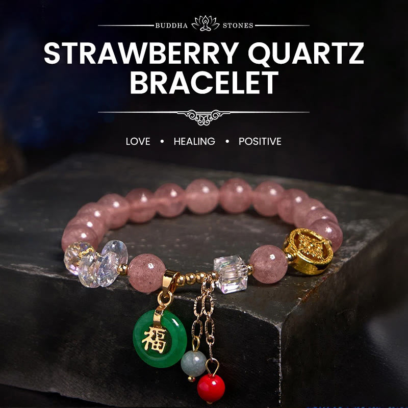 Buddha Stones Strawberry Quartz Jade Fu Character Charm Healing Bracelet - Strawberry Quartz(Wrist Circumference 14-16cm) - image 0