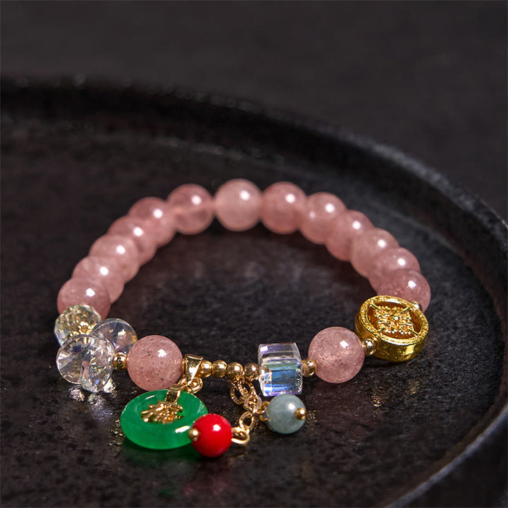 Buddha Stones Strawberry Quartz Jade Fu Character Charm Healing Bracelet - image 1