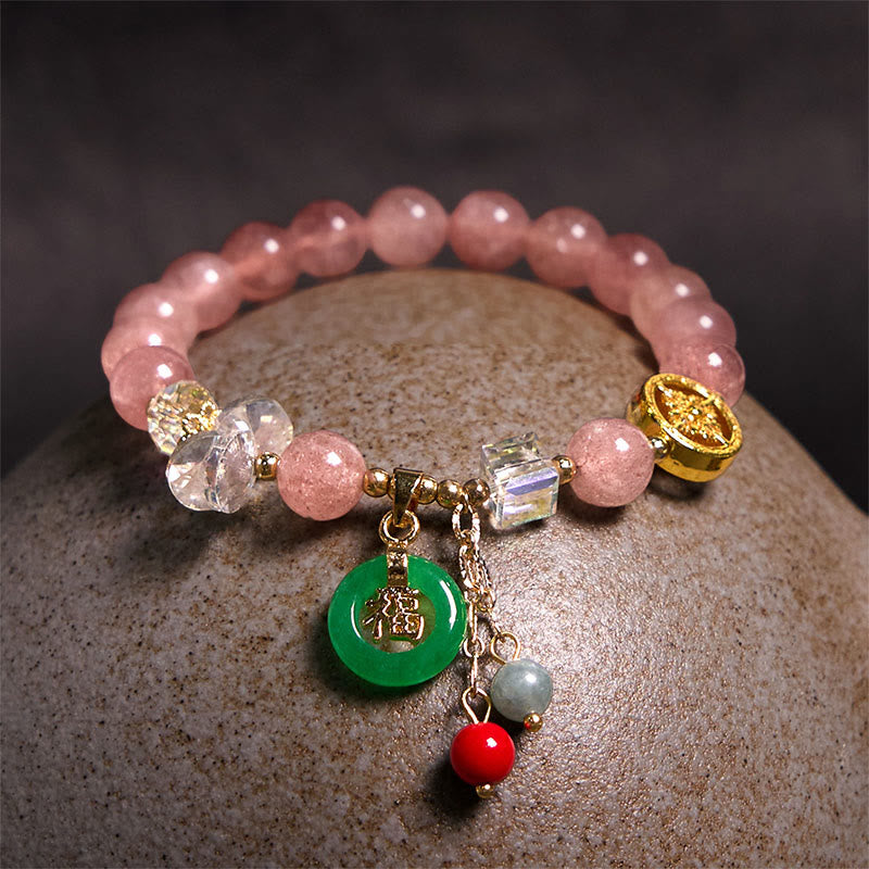 Buddha Stones Strawberry Quartz Jade Fu Character Charm Healing Bracelet - image 7
