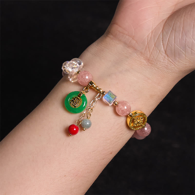 Buddha Stones Strawberry Quartz Jade Fu Character Charm Healing Bracelet - image 3