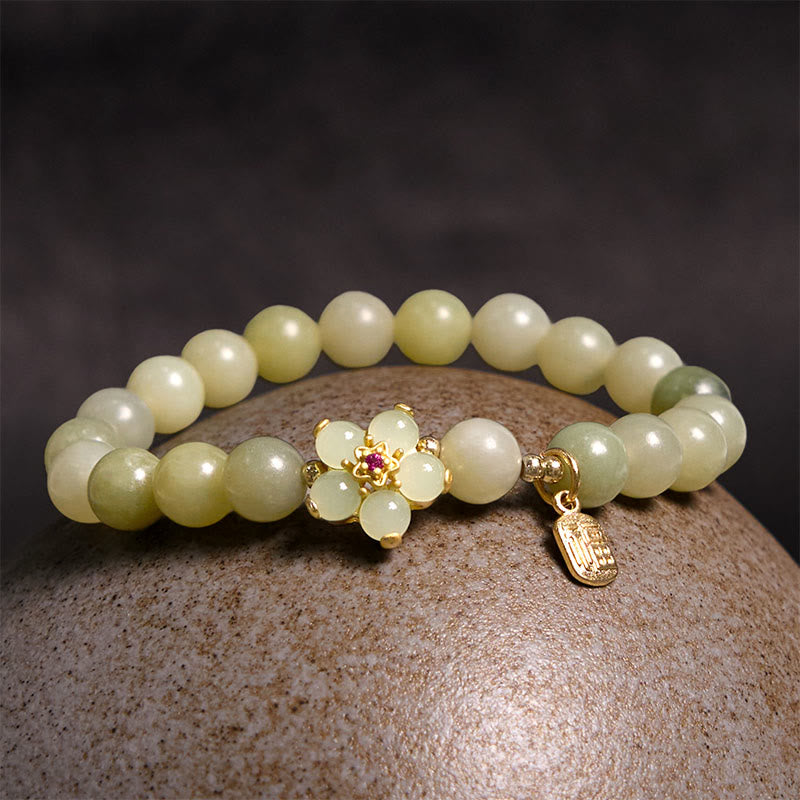Buddha Stones Green Jade Flower Fu Character Charm Luck Bracelet - image 1