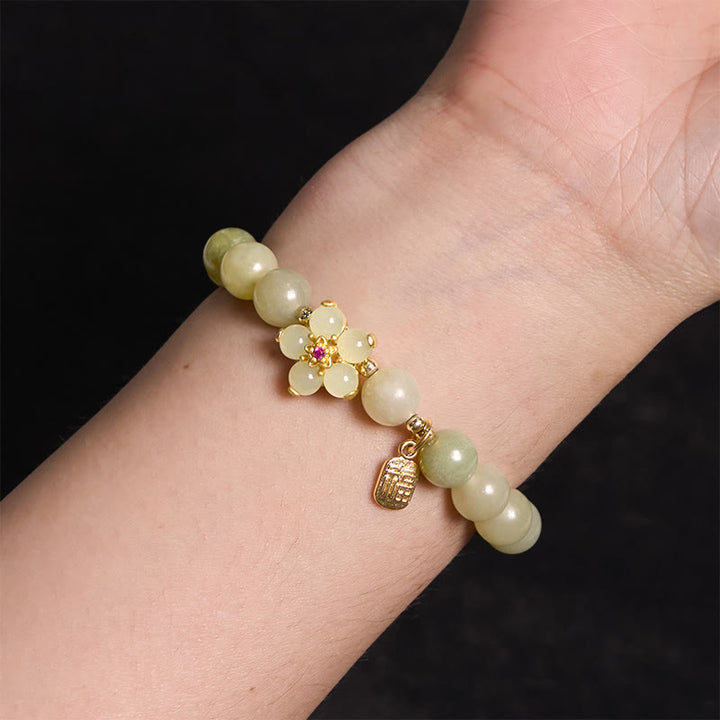 Buddha Stones Green Jade Flower Fu Character Charm Luck Bracelet - image 2