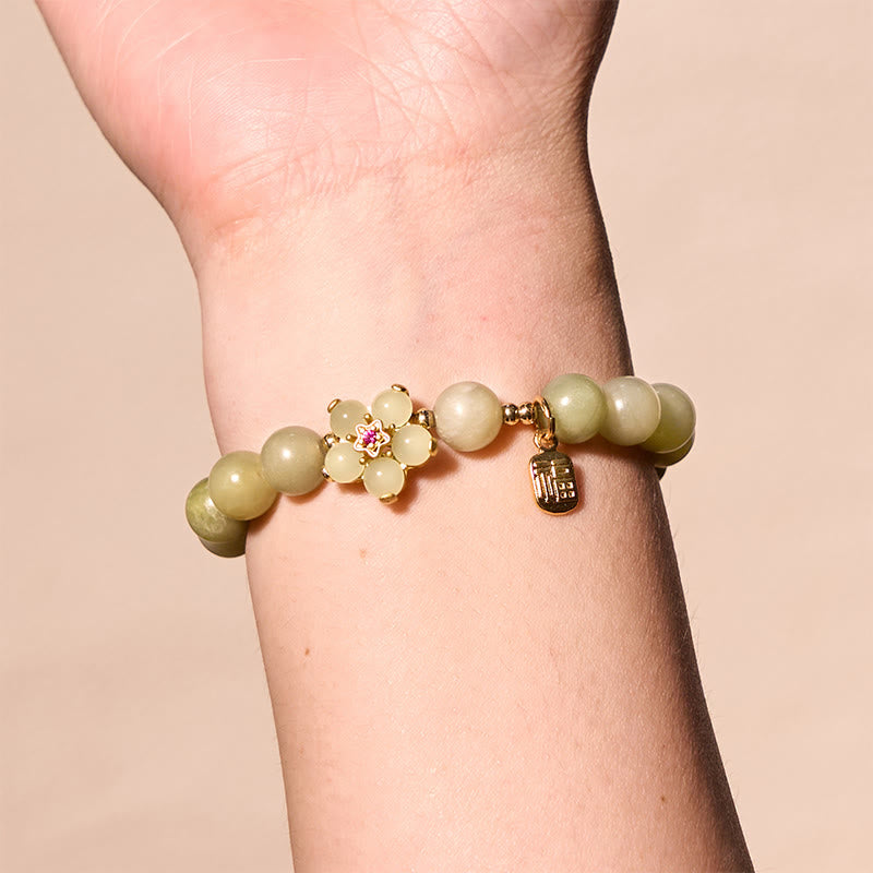 Buddha Stones Green Jade Flower Fu Character Charm Luck Bracelet - image 3