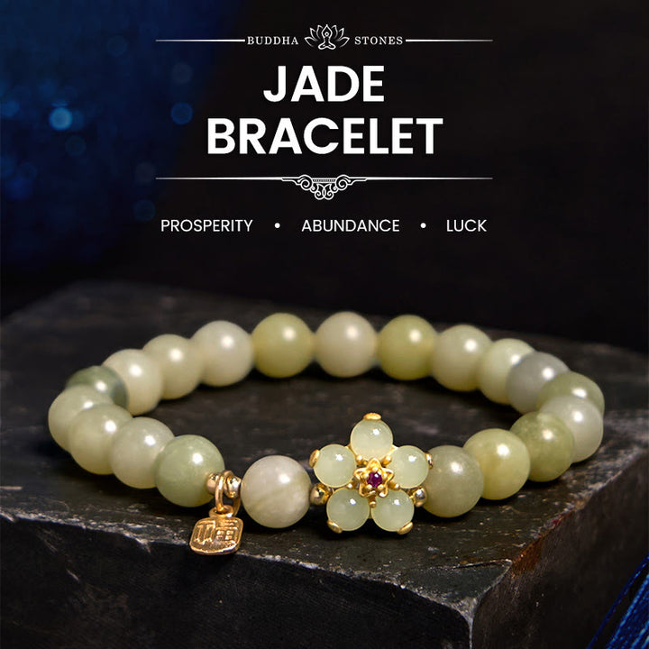 Buddha Stones Green Jade Flower Fu Character Charm Luck Bracelet - Jade(Wrist Circumference 14-16cm) - image 0