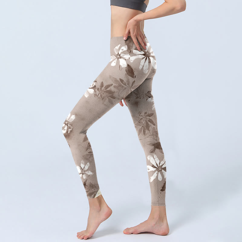 Buddha Stones White Brown Flowers Pattern Gym Leggings Women's Yoga Pants - image 2