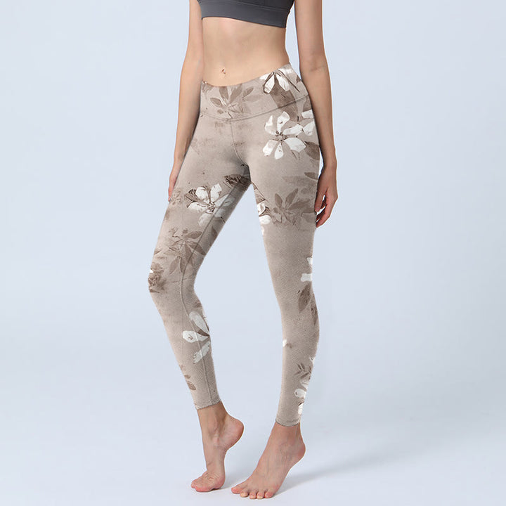 Buddha Stones White Brown Flowers Pattern Gym Leggings Women's Yoga Pants - BurlyWood - US18，UK/AU22，EU50 (4XL) - image 0