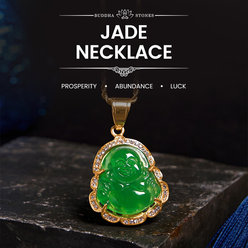 Buddha Stones 18K Gold Filled Laughing Buddha Jade Luck Necklace Chain Pendant - Green - image 0