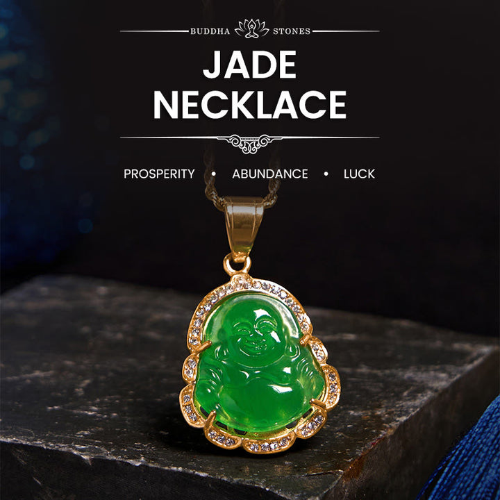 Buddha Stones 18K Gold Filled Laughing Buddha Jade Luck Necklace Chain Pendant - Green - image 0