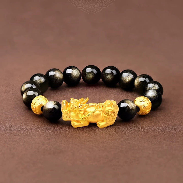 Buddha Stones Natural Gold Sheen Obsidian PiXiu Om Mani Padme Hum Wealth Bracelet - image 4