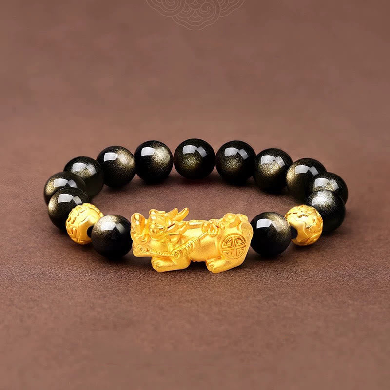 Buddha Stones Natural Gold Sheen Obsidian PiXiu Om Mani Padme Hum Wealth Bracelet - image 10