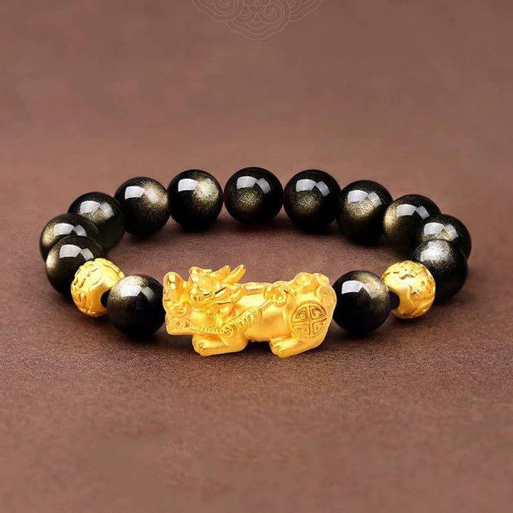 Buddha Stones Natural Gold Sheen Obsidian PiXiu Om Mani Padme Hum Wealth Bracelet - 12mm(Wrist Circumference 16-17cm) - image 8